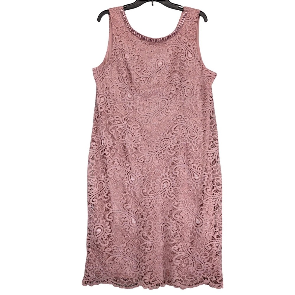 Maya Brooke Rose Pink Lace Sheath Dress Sz 16‎ Beaded Neckline Lined Romantic